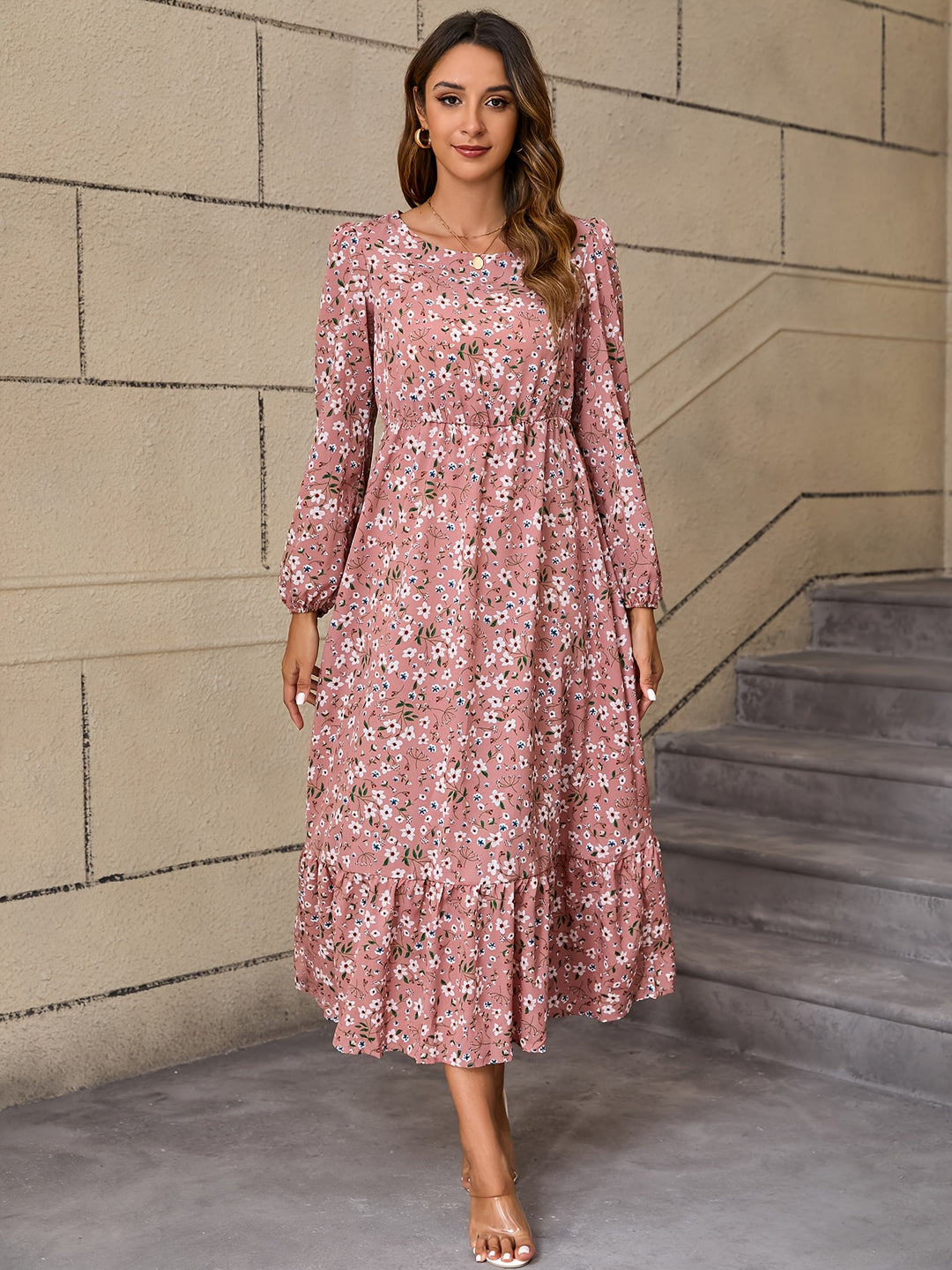 Long Sleeve Floral Print Maxi Dress with Ruffle Hem