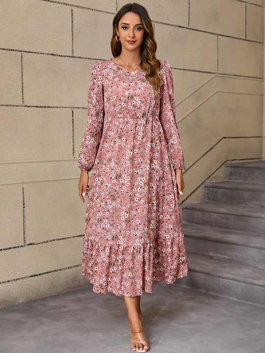 Long Sleeve Floral Print Maxi Dress with Ruffle Hem