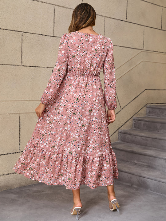 Long Sleeve Floral Print Maxi Dress with Ruffle Hem