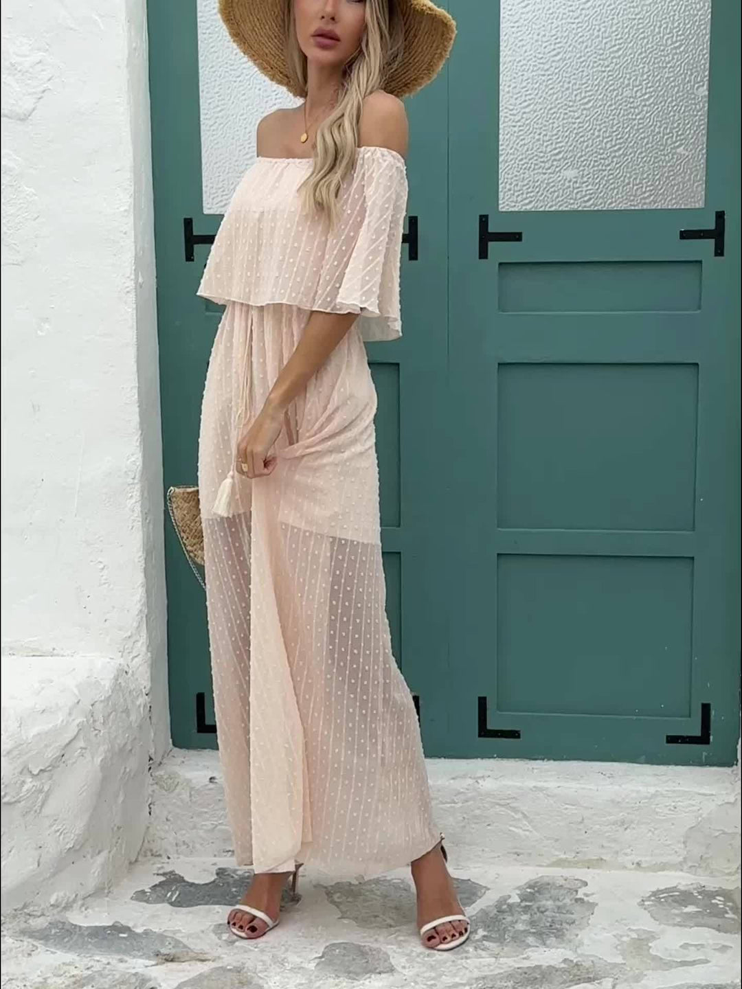 Beige Off-the-Shoulder Swiss Dot Maxi Summer Dress