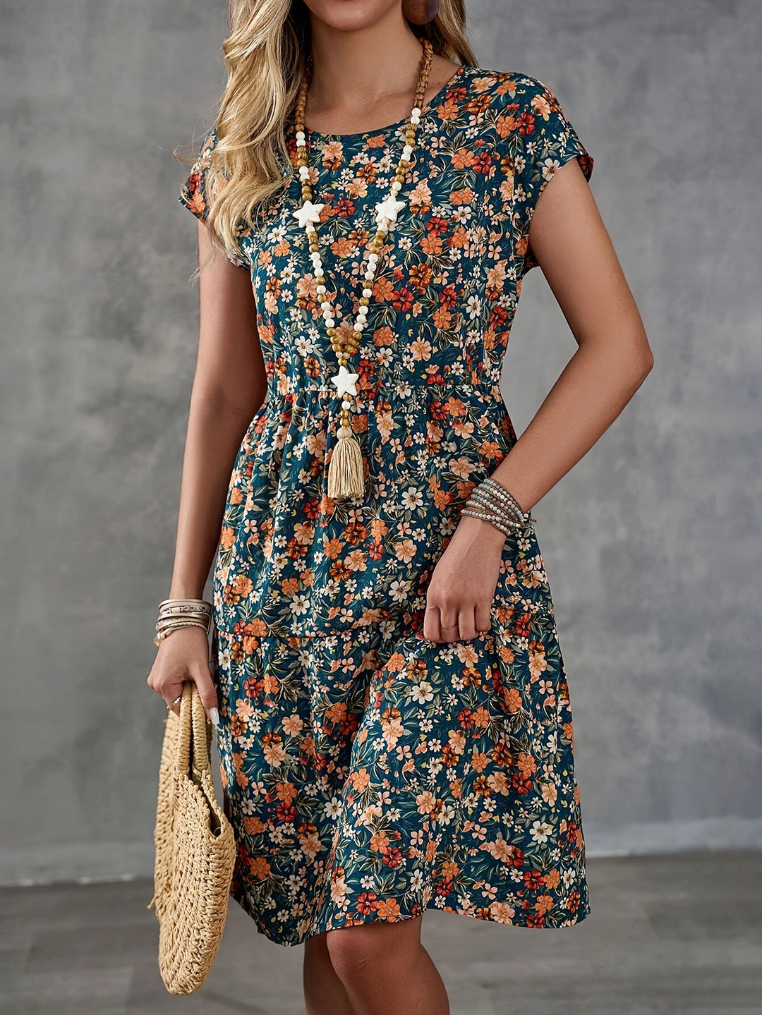 Bohemian Tiered Floral Short Sleeve Dress