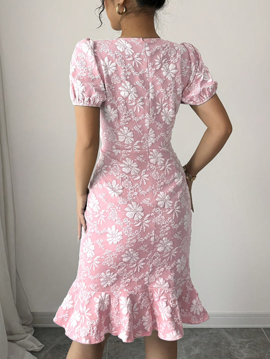 Elegant Puff Sleeve Floral Sheath Dress