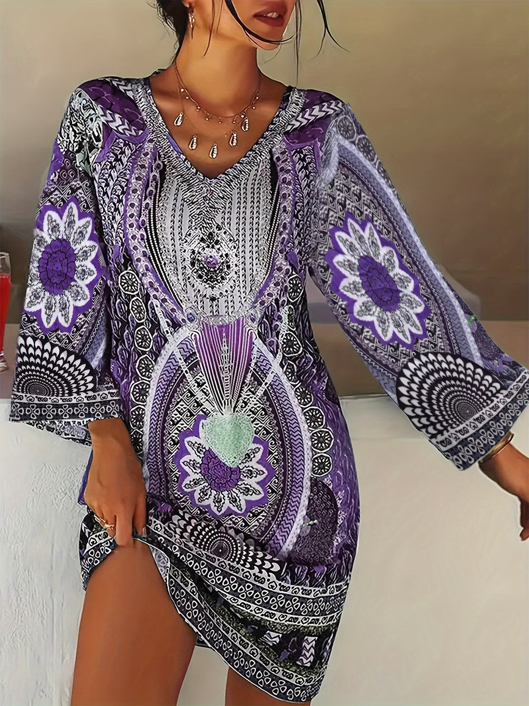 Long Sleeve Floral Mandala Boho Summer Dress- Plus Size