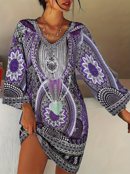 Long Sleeve Floral Mandala Boho Summer Dress- Plus Size