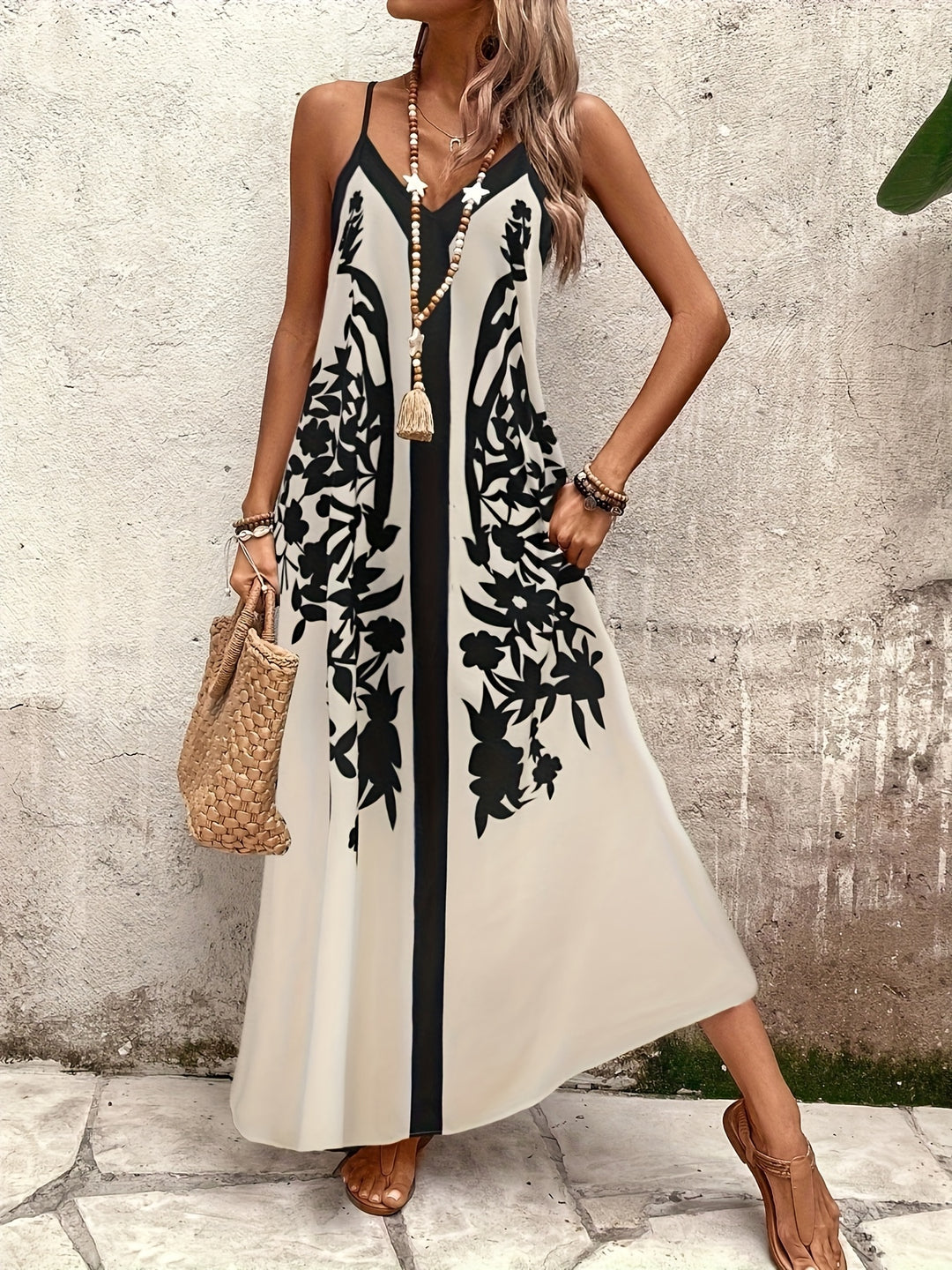 Embroidered Border V-Neck Cami Maxi Dress
