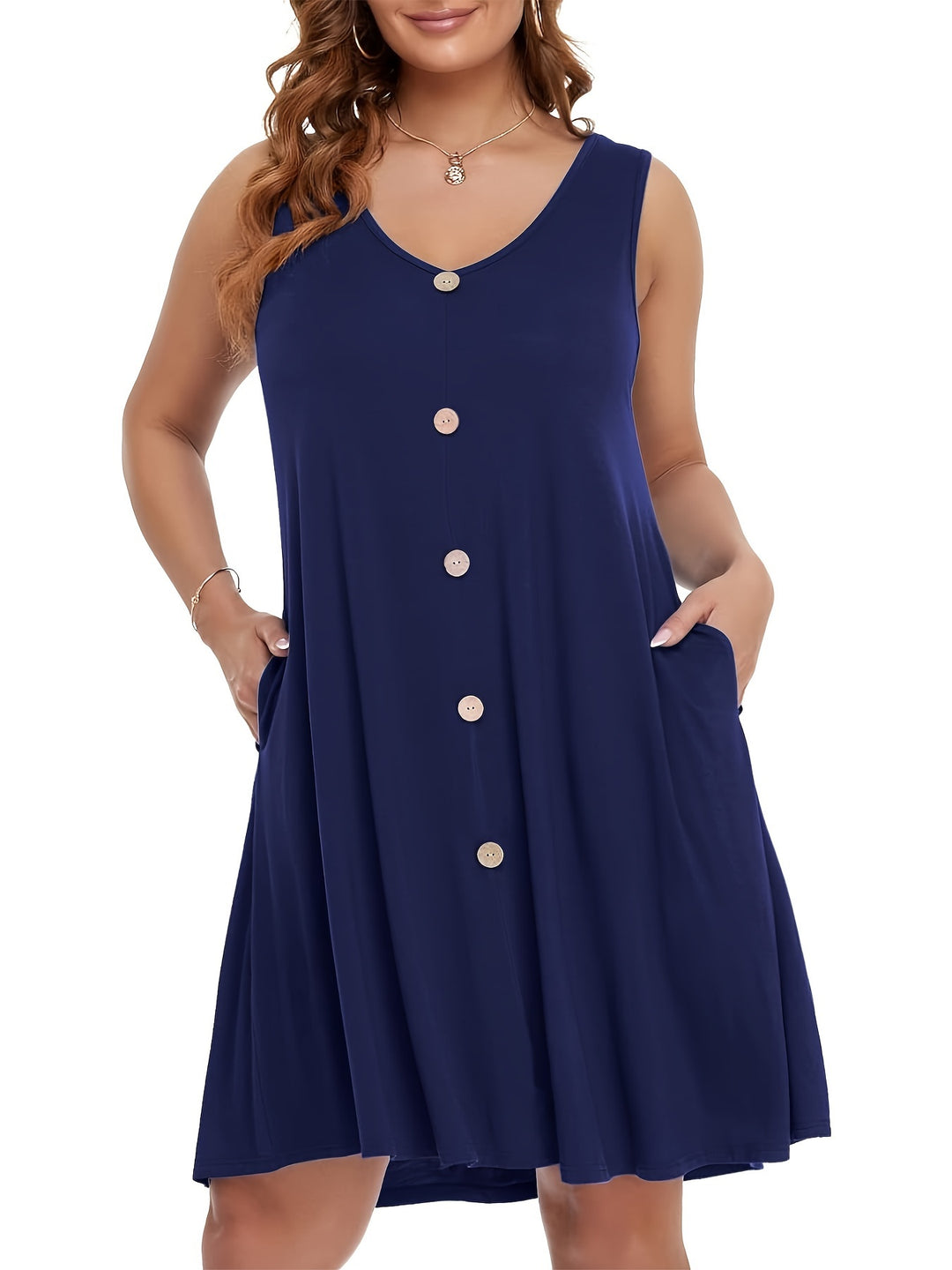 Plus Size Sleeveless Button Front Pocket Boho Summer Dress