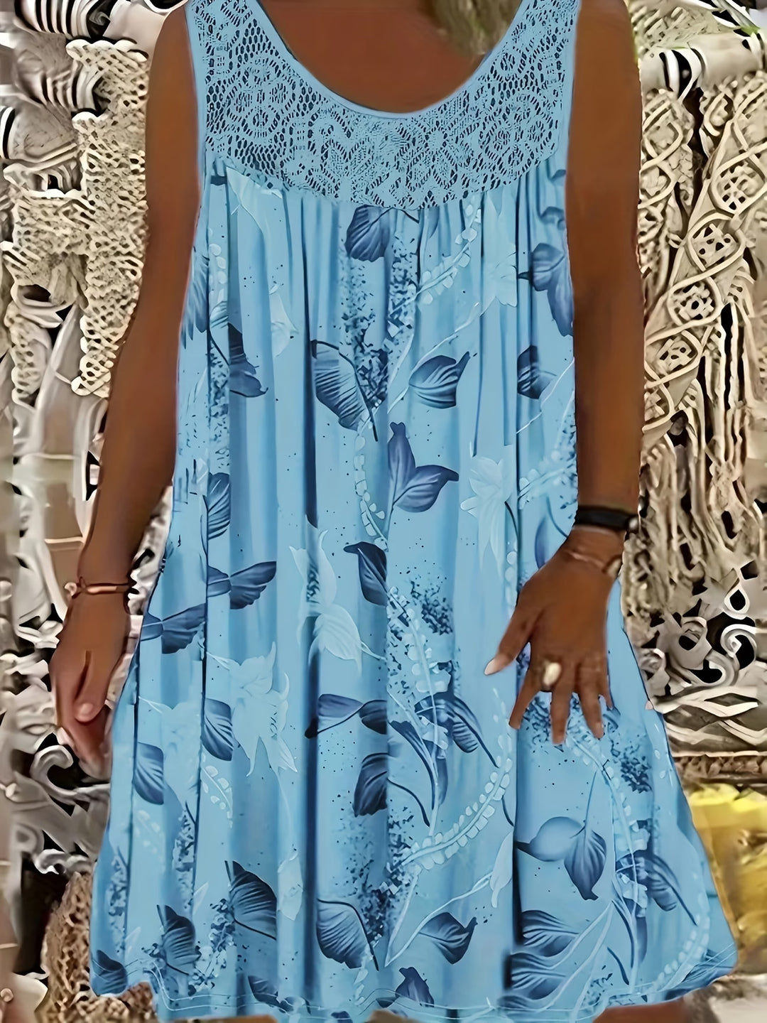 Plus Size Floral Lace Trim Sleeveless Bohemian Dress