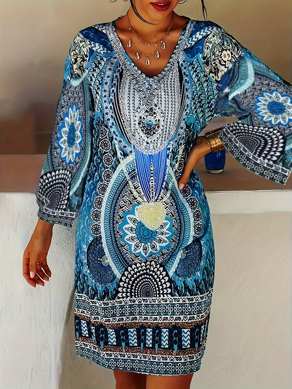 Long Sleeve Floral Mandala Boho Summer Dress- Plus Size