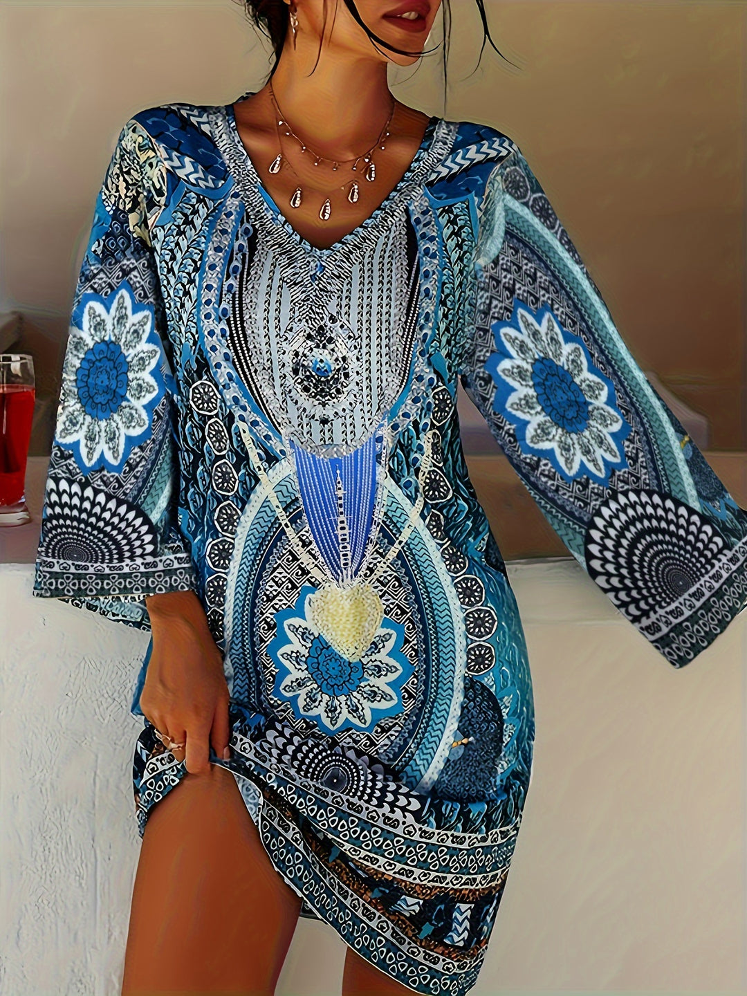 Long Sleeve Floral Mandala Boho Summer Dress- Plus Size