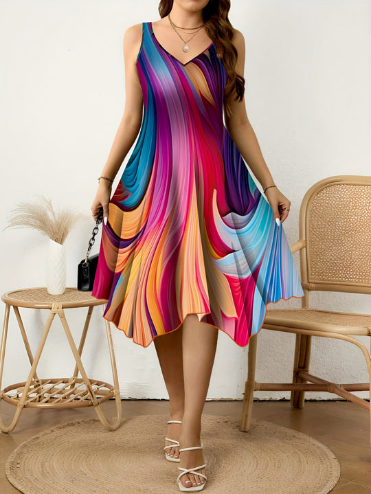 Bohemian Fluid Print V-Neck Asymmetrical Summer Dress
