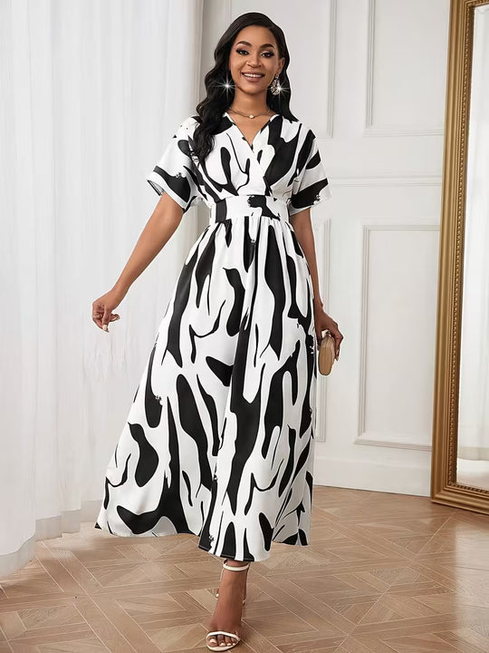 Abstract Print Flutter Sleeve V-Neck Midi Dress