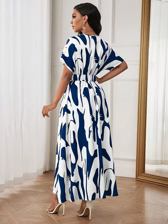 Abstract Print Flutter Sleeve V-Neck Midi Dress