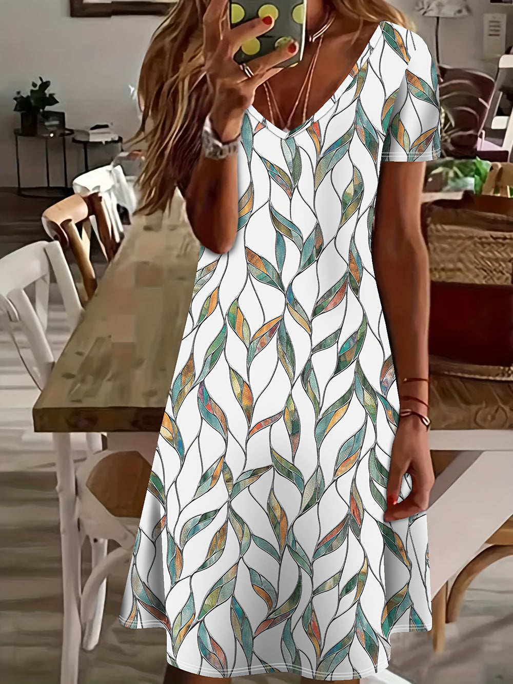 Summer Short Sleeve Leaf Tunic Dress