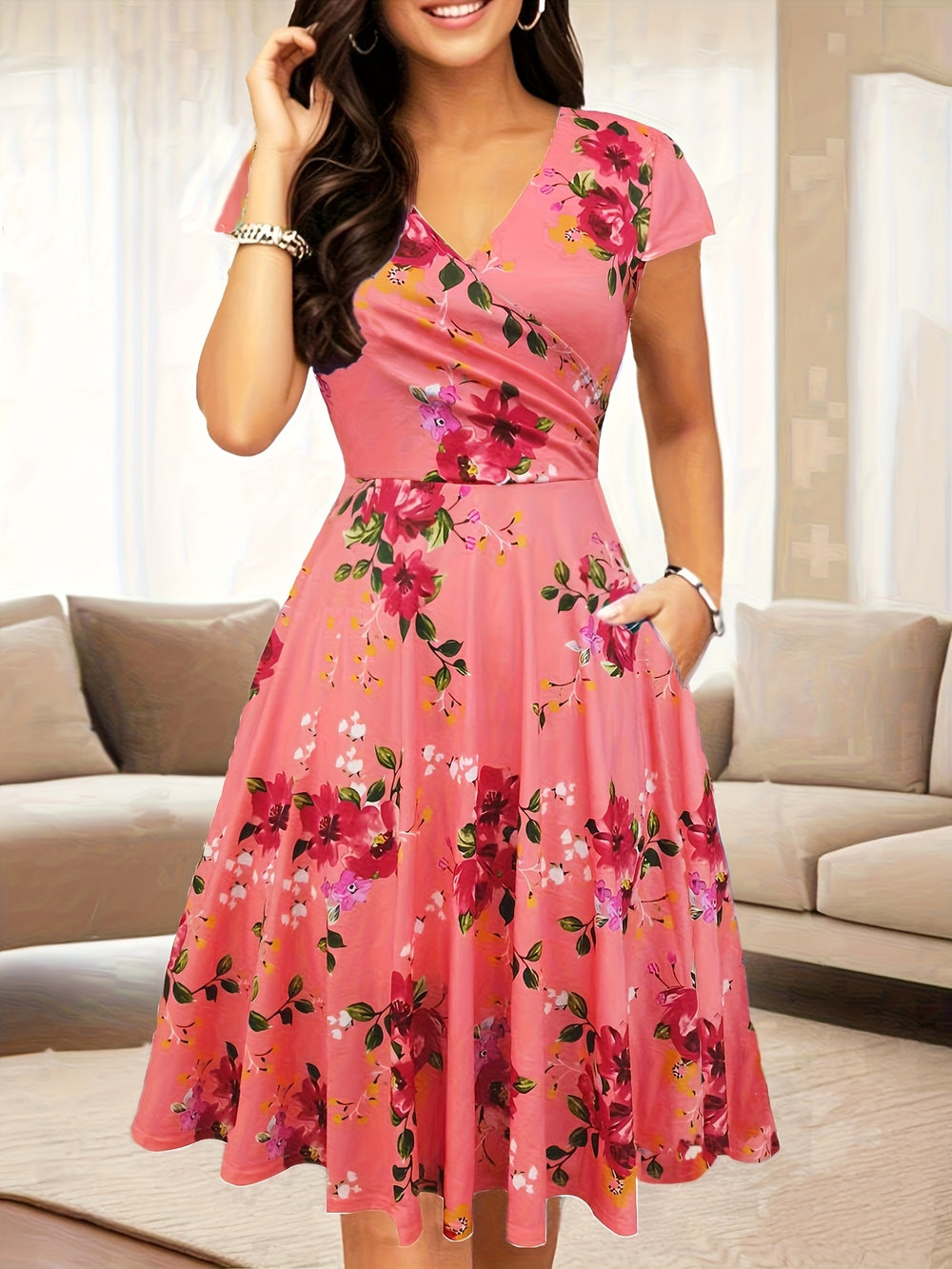 Floral Surplice V-Neck Summer Pocket Dress