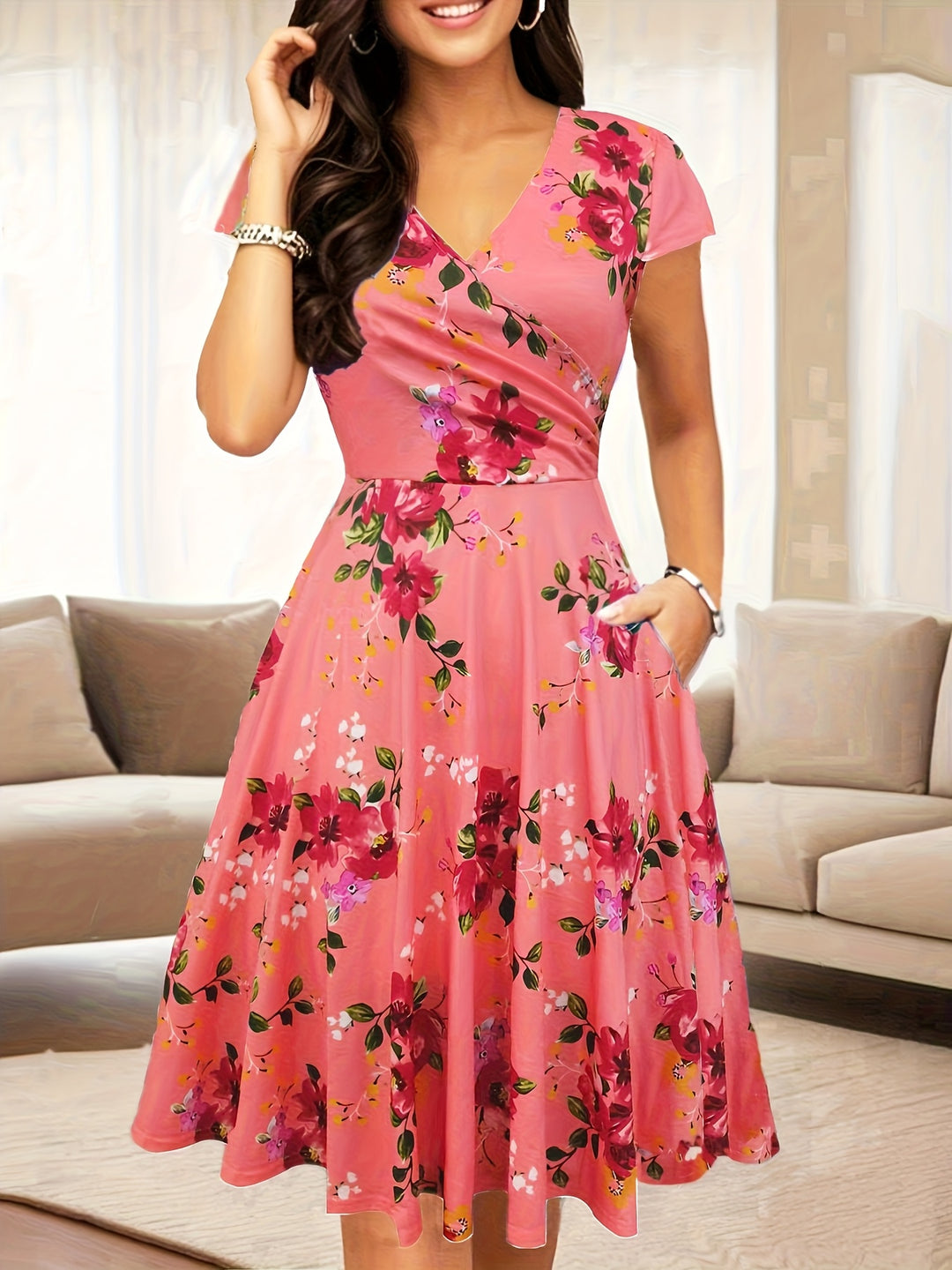 Floral Surplice V-Neck Summer Pocket Dress