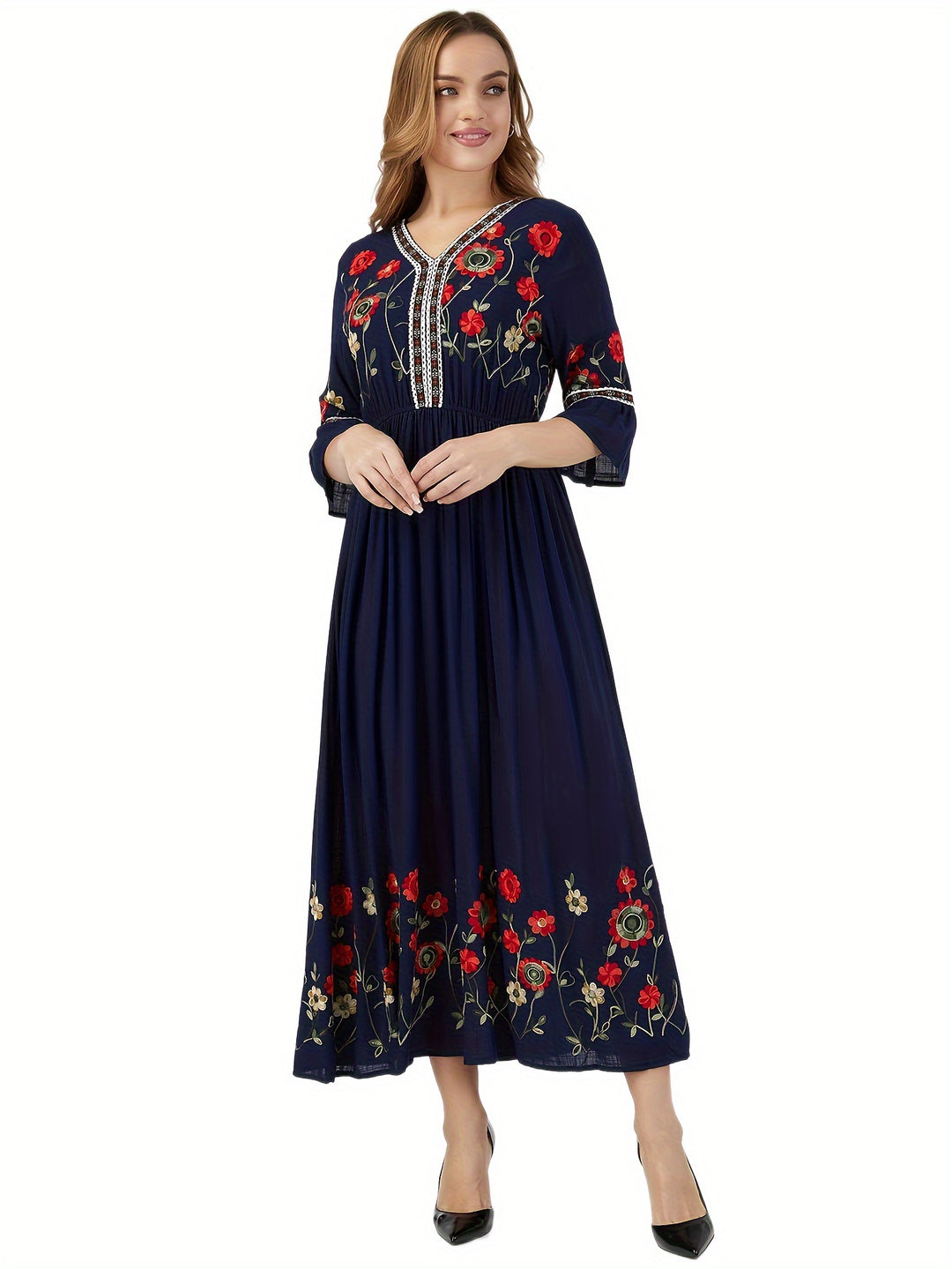 Embroidered Floral Hem Gathered Maxi Dress