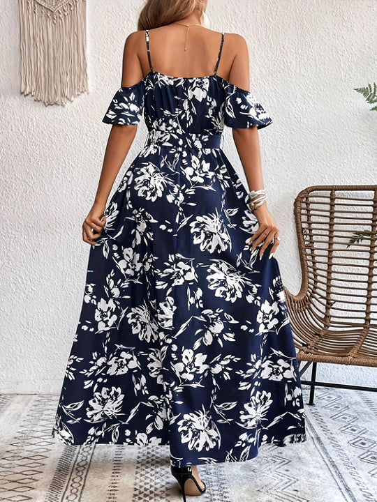 Floral Cold Shoulder Slit Maxi Dress