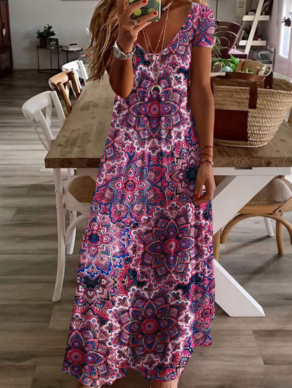 Casual V-Neck Kaleidoscopic Pattern Long Dress