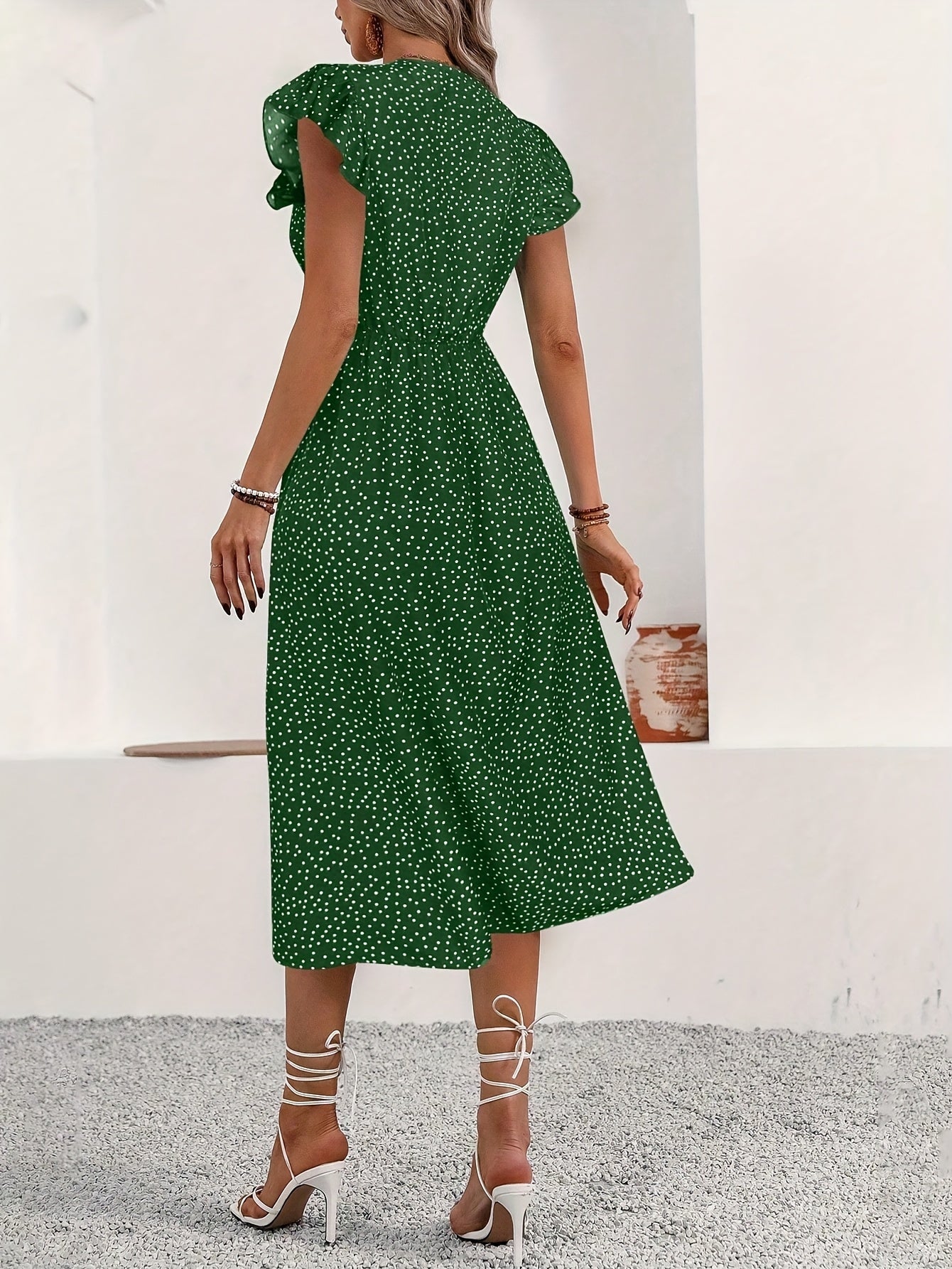 Elegant Polka Dot V-Neck Button Maxi Dress