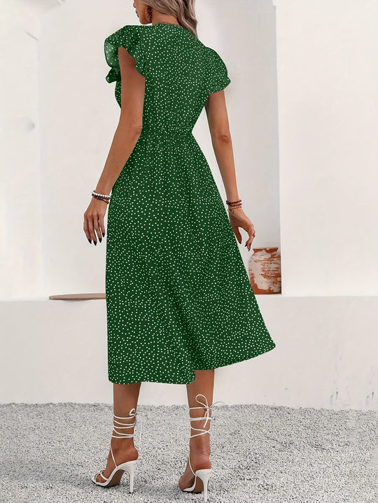 Elegant Polka Dot V-Neck Button Maxi Dress