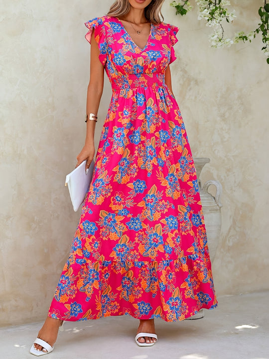 Bohemian V-Neck Flutter Sleeve Floral Maxi Dress