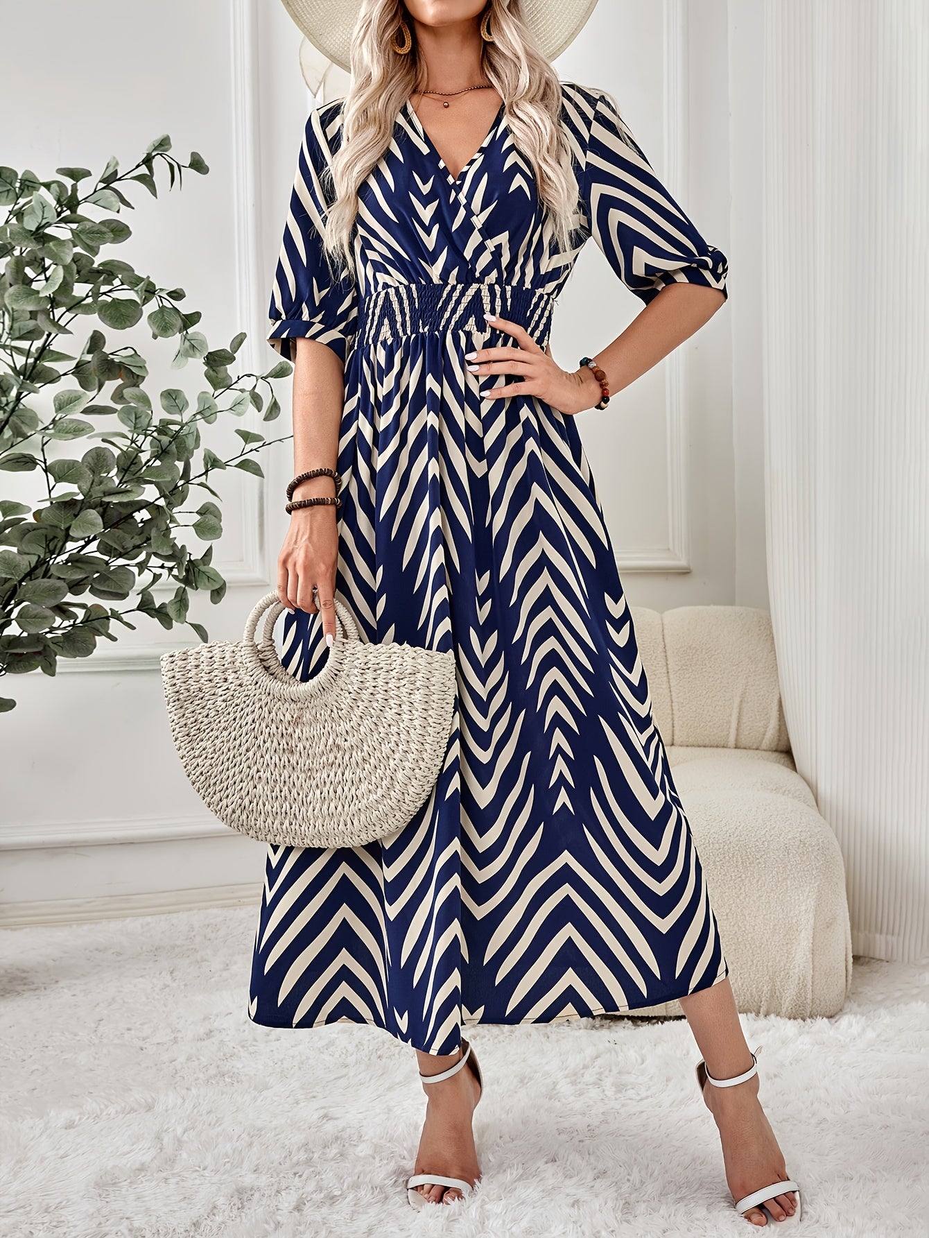 Bohemian Chevron Print Half Sleeve Dress