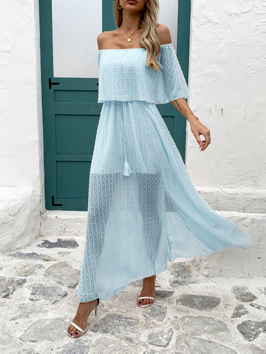 Beige Off-the-Shoulder Swiss Dot Maxi Summer Dress