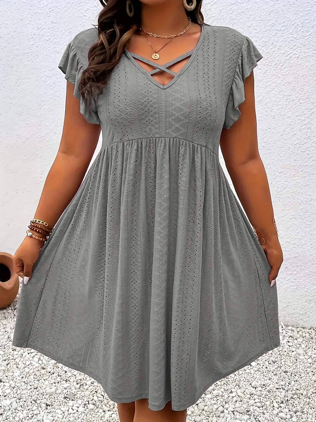Boho Textured Flutter Sleeve Dress - Plus Size
