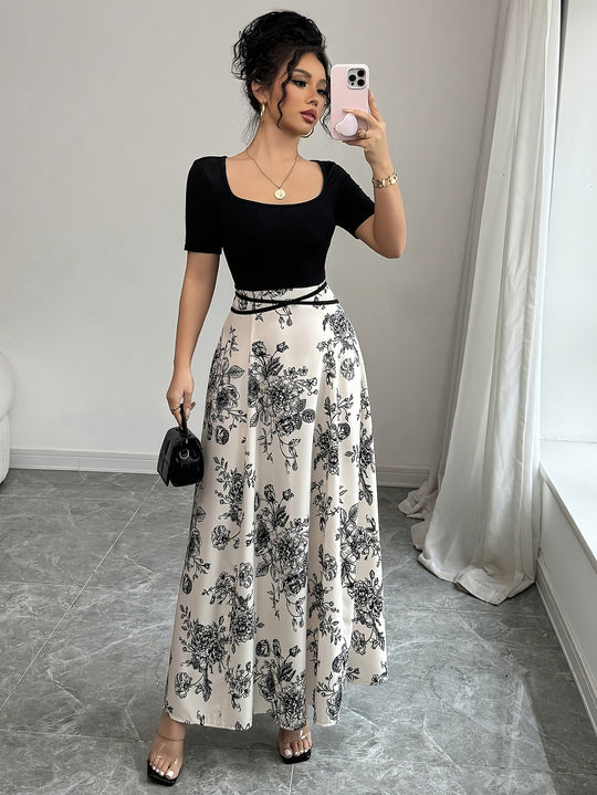 Square Neck Contrast Bodice Floral Maxi Dress