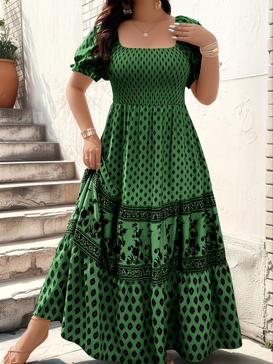 Ruffle Sleeve Floral Border Summer Dress - Plus Size