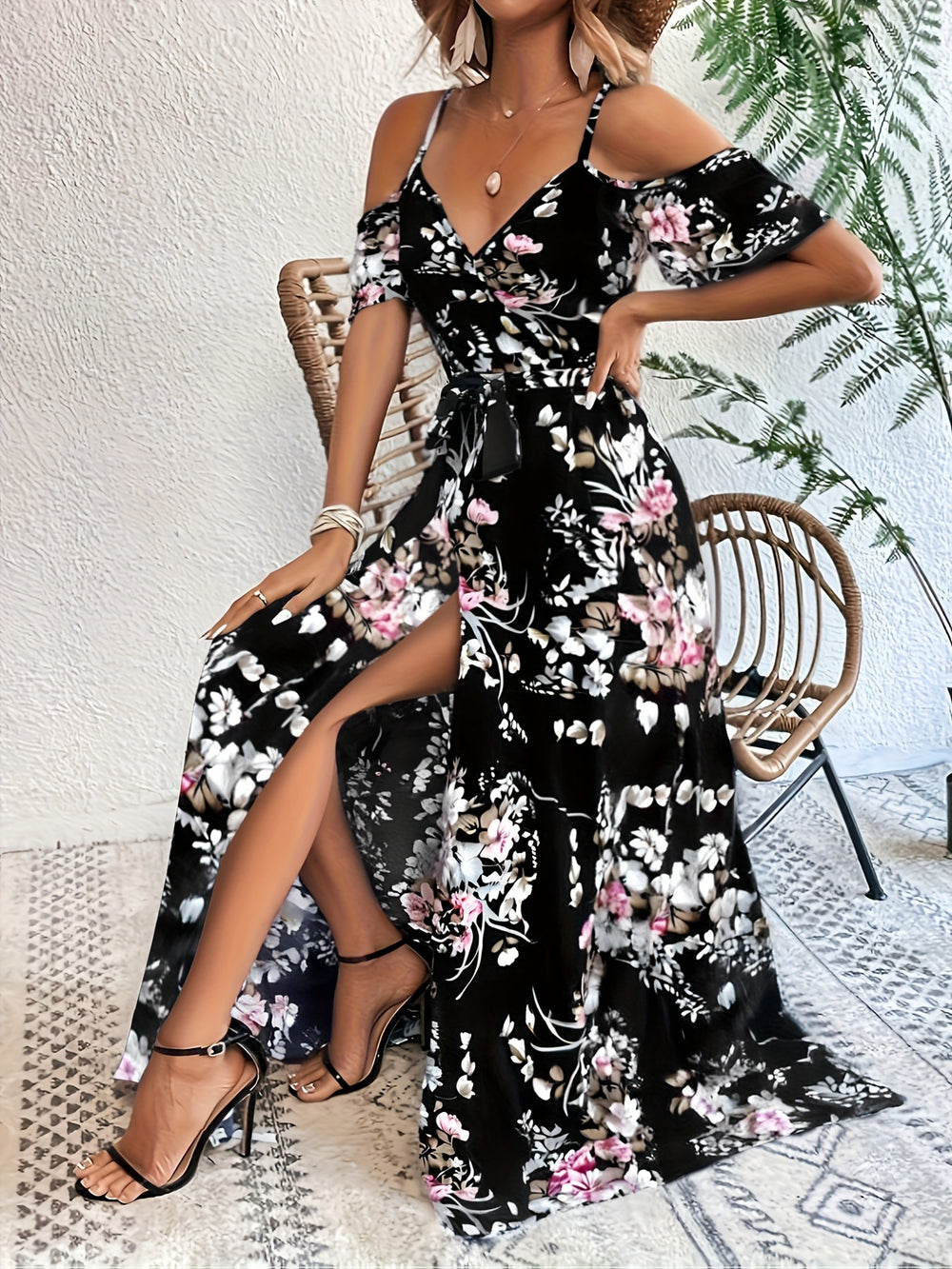 Bohemian Cold-Shoulder Floral Maxi Dress