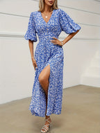 Ditsy Floral Print Front Slit Vacation Maxi Dress