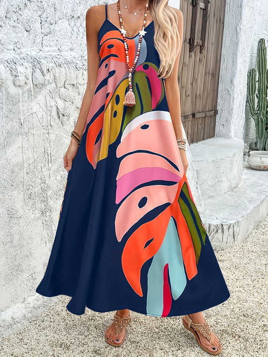 Tropical Leaf Print Sleeveless Maxi Dress