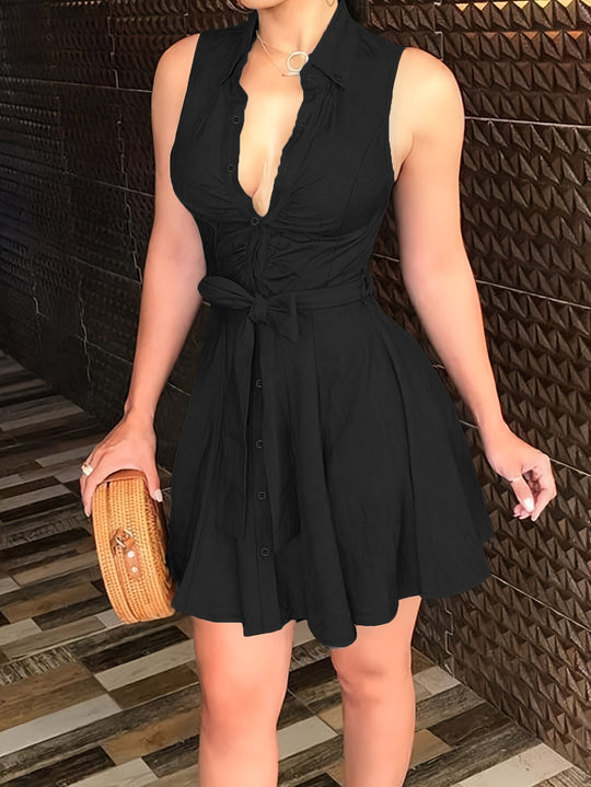 Casual Ruched Waist Button-Front Mini