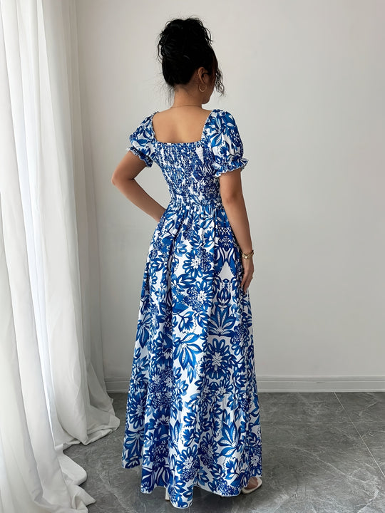 Floral Square Neck Puff Sleeve Maxi Dress