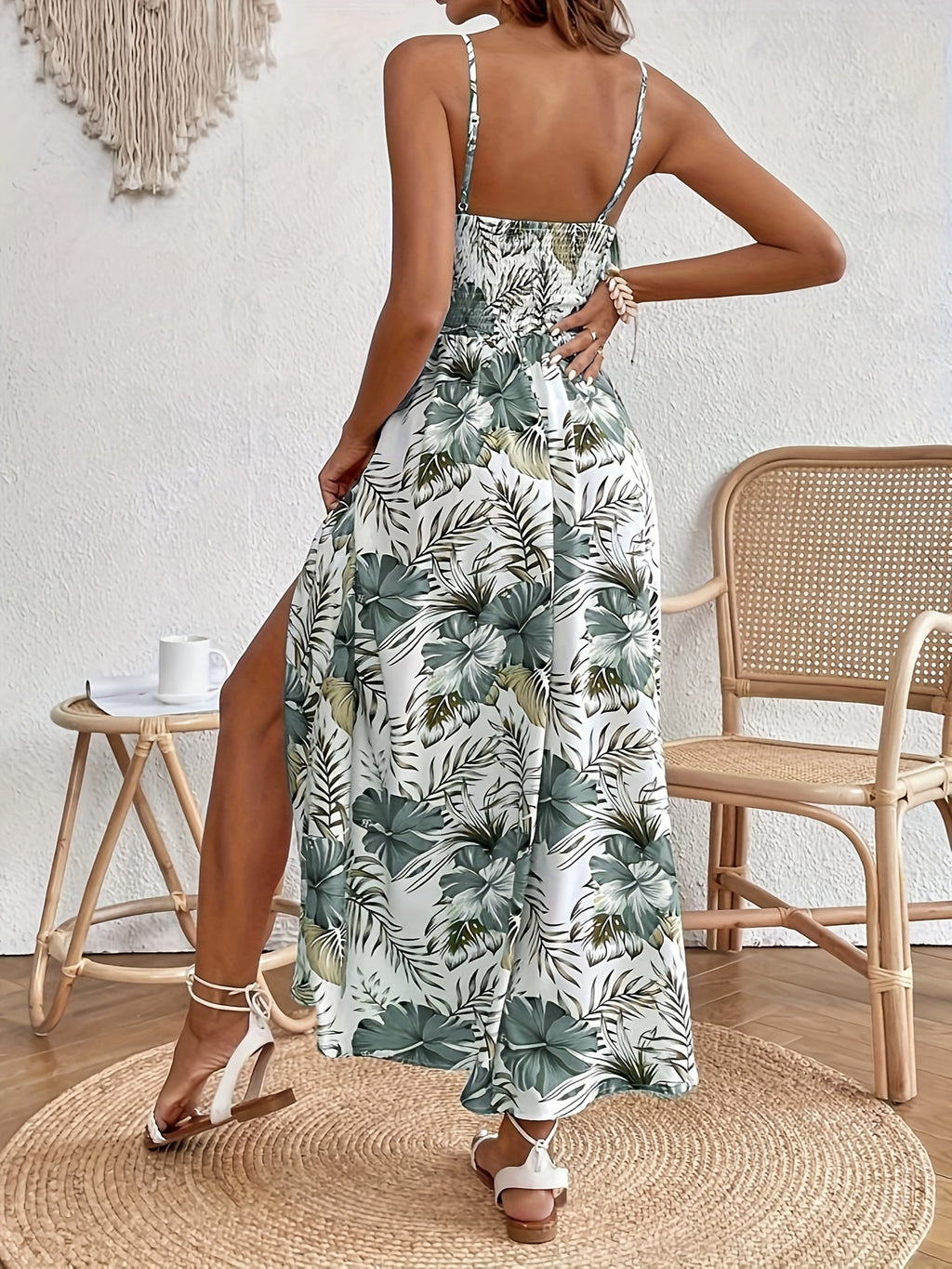 Tropical Print Cutout Slit Maxi Dress