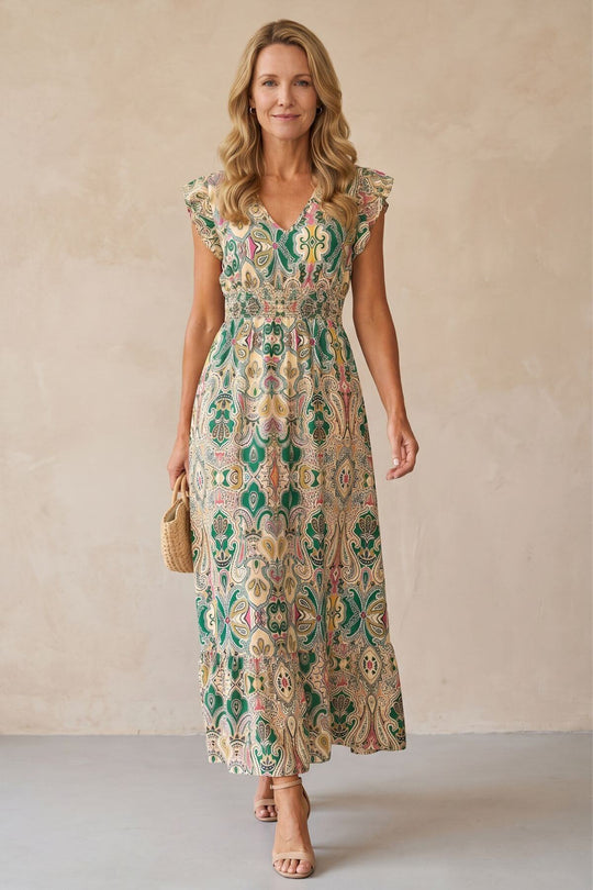 Short Sleeve Casual Full-Print Flutter Summer Boho Dress