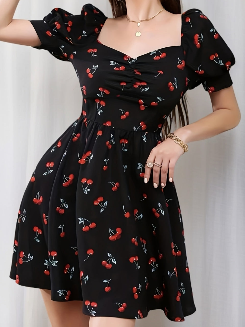 Retro Style Cherry Pattern Short Sleeve Mini Dress