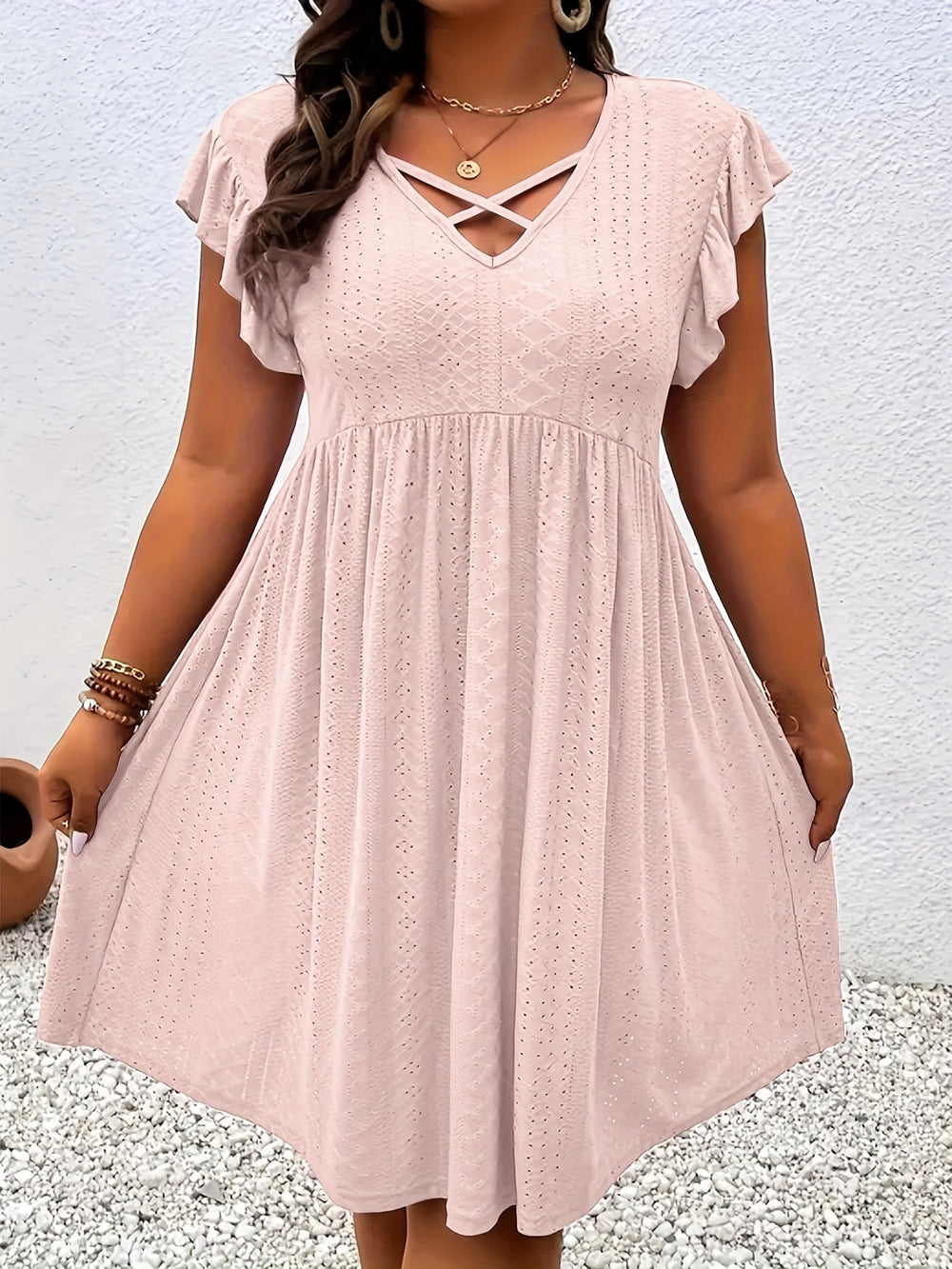 Boho Textured Flutter Sleeve Dress - Plus Size