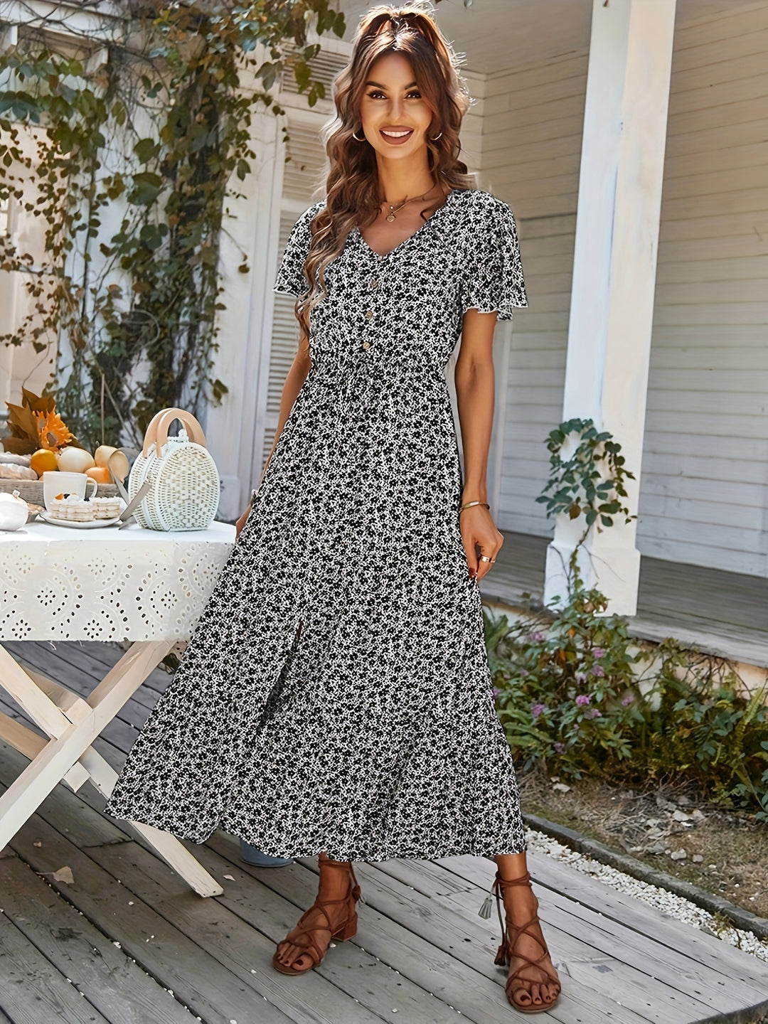 Ditsy Floral Flutter Sleeve Tiered Maxi Dress