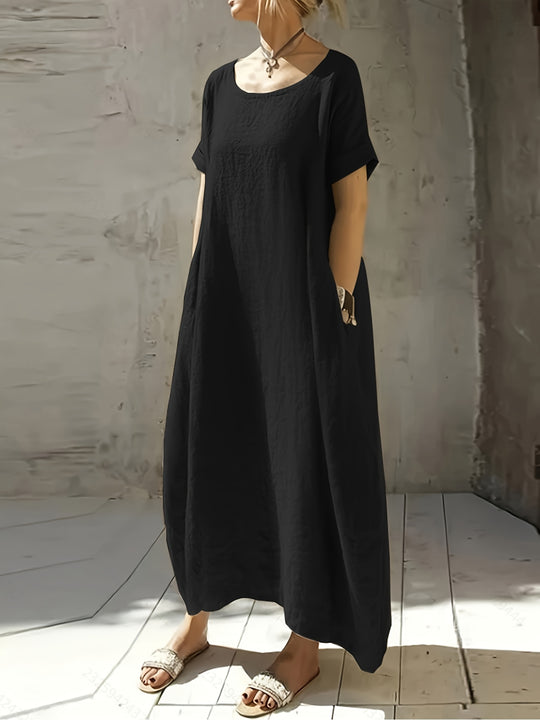 Minimalist Short Sleeve Linen Pocket Dress