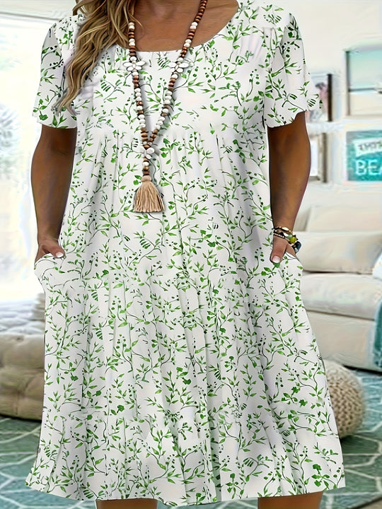 Leaf Pattern Short Sleeve Pocket Casual Dress - Plus Size
