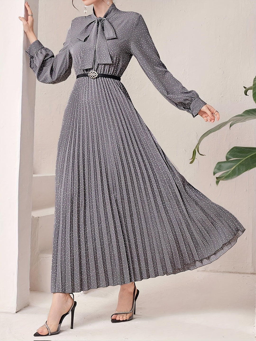 Elegant Tie Neck Pleated Maxi Dress