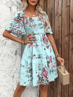 Casual Smocked Bodice Floral Flared Dress
