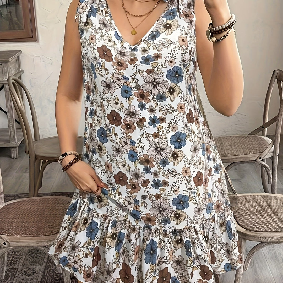 Boho Floral Print Tie Shoulder Dress