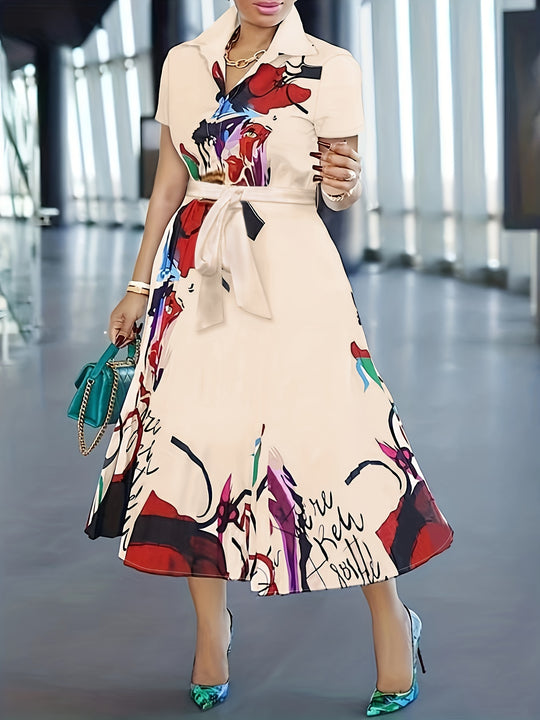 Button-Down Short Sleeve Tie-Waist Midi Dress