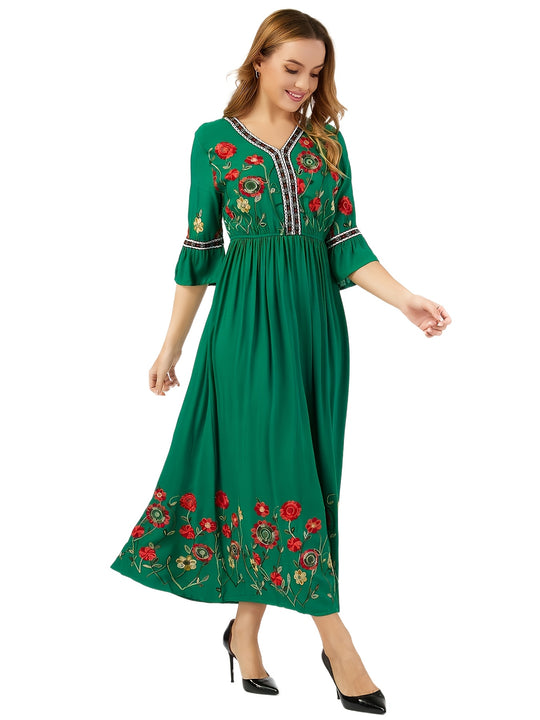 Embroidered Floral Hem Gathered Maxi Dress
