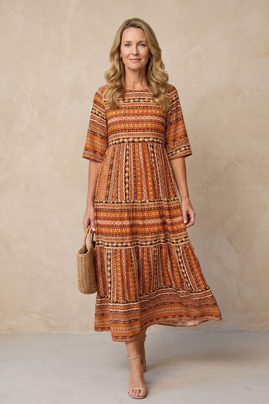 Short Sleeve Striped Motif Flowy Maxi Dress