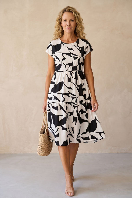 Short Sleeve Abstract Print Tiered Mini Dress