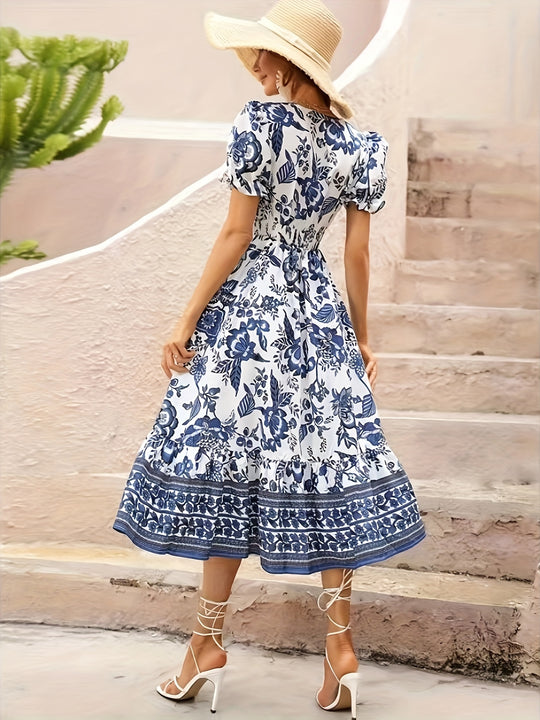 Bohemian Floral Puff Sleeve Maxi Dress